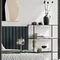 Modern Bedroom Interior With Dark Headboard Pillows Herringbone Flooring Accent Chair Blinds And Wall Art