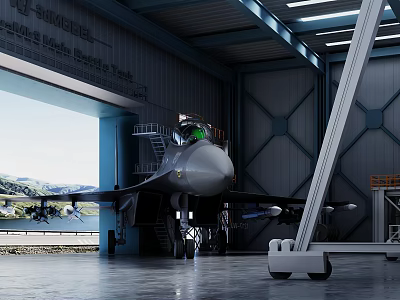 Fighter Jet Parked Inside Hangar With Blue Metal Structure And Maintenance Equipment 3d model