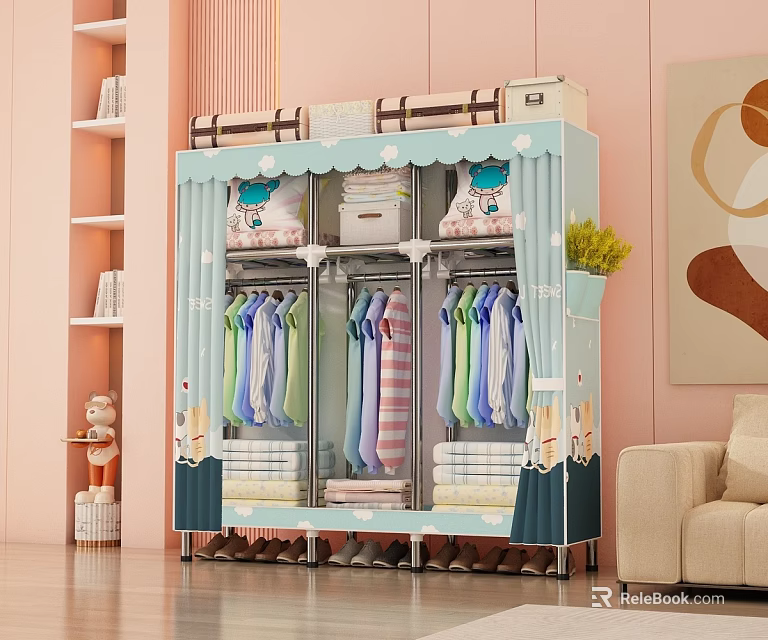 Fabric Wardrobe With Multi Layer Hanging Clothes Storage Boxes Bottom Shoe Rack Decorative Curtain Doors 3d model 