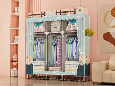 Fabric Wardrobe With Multi Layer Hanging Clothes Storage Boxes Bottom Shoe Rack Decorative Curtain Doors 3d model