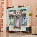 Fabric Wardrobe With Multi Layer Hanging Clothes Storage Boxes Bottom Shoe Rack Decorative Curtain Doors