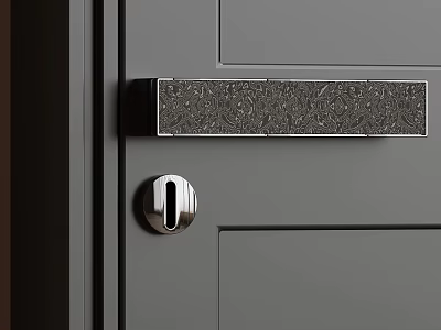 Elegant Textured Metal Door Handle With Intricate Pattern On Gray Door 3d model