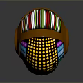 Futuristic Weapon with Orange Body Featuring Yellow Dots Colorful Stripes and Green Logo Design
