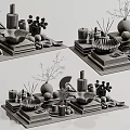 Decorative Ornament Set With Ceramic Bowls White Vases Stacked Books And Green Apples