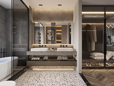 Modern Bathroom Interior With Dual Sinks Glass Partition Freestanding Bathtub And Walk-in Closet 3d model