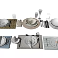 Elegant Tableware Sets Featuring Plates Bowls Cutlery Wine Glasses And Placemats 3d model