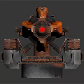 Orange Sci-Fi Spaceship Model With Mechanical Structure And Red Details On Gray Base 3d model