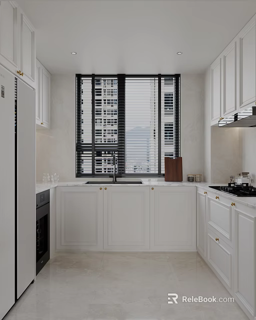 Modern Bright White Kitchen With Gold Knob Cabinets And Marble Countertops By Large Window Blinds 3d model 