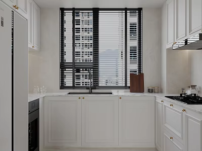 Modern Bright White Kitchen With Gold Knob Cabinets And Marble Countertops By Large Window Blinds 3d model