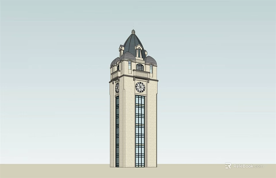 Classical Tower Design With Dome Clock Glass Windows And Decorative Details 3d model 