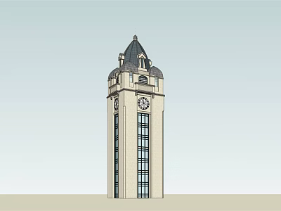 Classical Tower Design With Dome Clock Glass Windows And Decorative Details 3d model