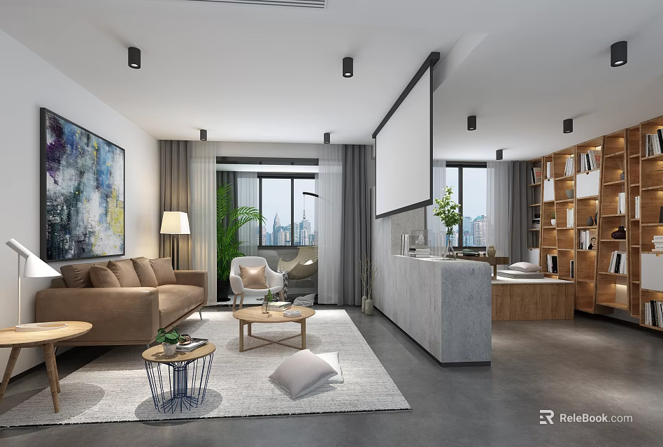 Modern Living Room With Sofa Coffee Table Floor-to-Ceiling Windows Bookshelves Projector Screen Artwork And Plants 3d model 