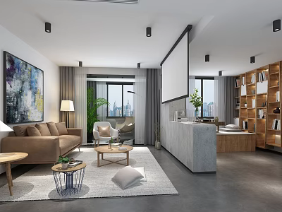 Modern Living Room With Sofa Coffee Table Floor-to-Ceiling Windows Bookshelves Projector Screen Artwork And Plants 3d model