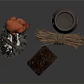 Rustic Cooking Scene With Roasted Chicken Clay Pot Wooden Stool Firewood And Charcoal