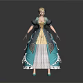 Woman In Black And Yellow Dress With Blonde Hair Blue White Hem And Lace Details