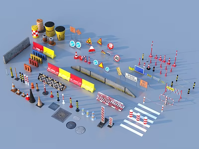 Public Facilities For Road Construction With Cones Barrels Barriers Guardrails And Signs 3d model