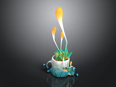 Broken White And Blue Cup With Yellow Plants Slender Stems And Fragments 3d model