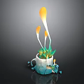 Broken White And Blue Cup With Yellow Plants Slender Stems And Fragments