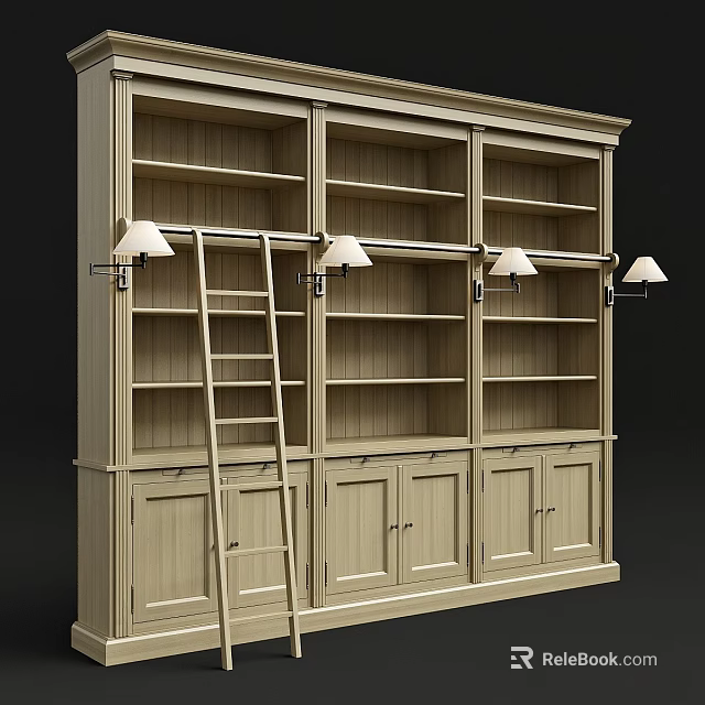 Wooden Sideboard With Open Shelves Cabinets Ladder And Wall Mounted Lamps 3d model 