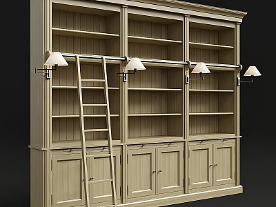 Wooden Sideboard With Open Shelves Cabinets Ladder And Wall Mounted Lamps 3d model