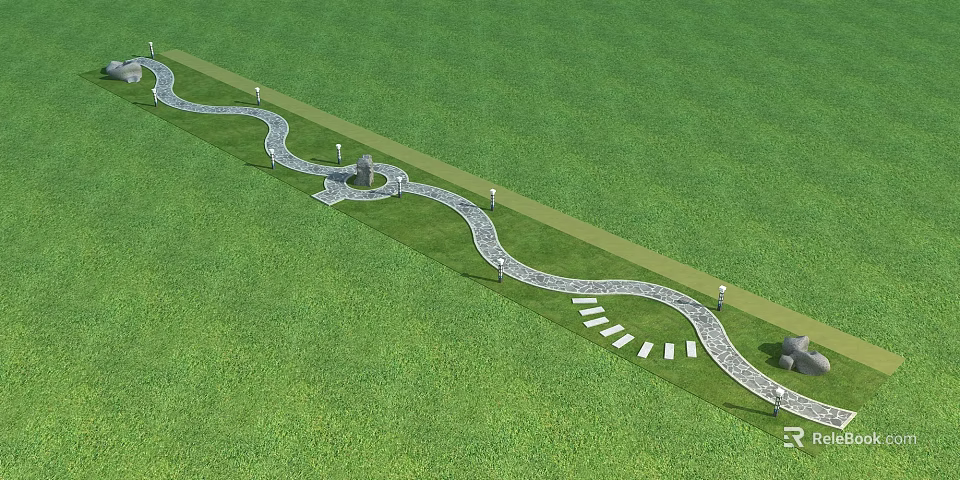 Winding Stone Pathway Landscaping With Green Lawn Lighting Fixtures And Steps 3d model 