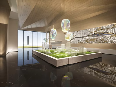 Spacious Modern Sales Office Interior With Building Model Green Grass And Pendant Lights 3d model