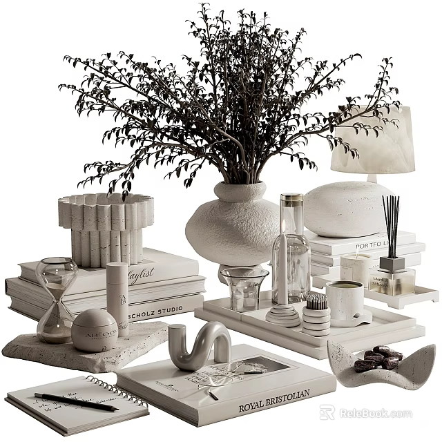 Stylish Decorative Ornament Combination With Vase Plant Lamp Books Hourglass And Tray 3d model 