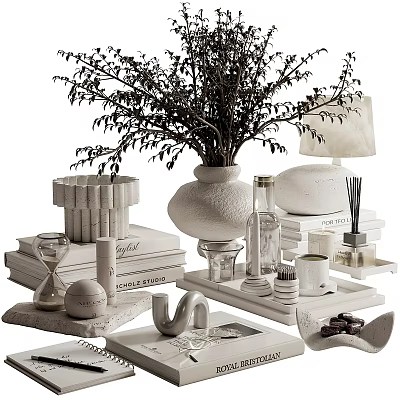 Stylish Decorative Ornament Combination With Vase Plant Lamp Books Hourglass And Tray 3d model