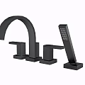 Modern Black Faucet With Curved Spout Dual Handles And Handheld Sprayer