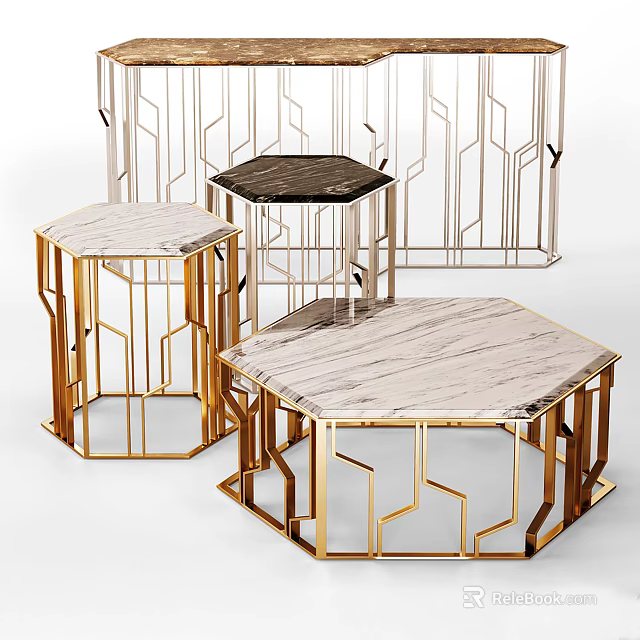 Modern Hexagonal Coffee Tables With Marble Tops And Gold Geometric Frames 3d model