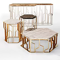 Modern Hexagonal Coffee Tables With Marble Tops And Gold Geometric Frames 3d model