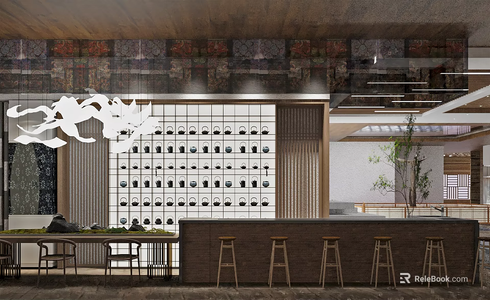 Modern Interior Design With Wooden Ceiling Decorative Wall Grid Partition And Green Plants 3d model 