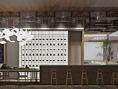 Modern Interior Design With Wooden Ceiling Decorative Wall Grid Partition And Green Plants 3d model