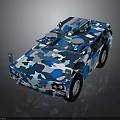 Blue And White Camouflage Military Vehicle With Roof Mounted Equipment And Compact Design