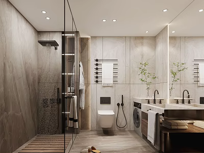 Modern Bathroom Interior With Glass Shower Wall Mounted Toilet Double Sink And Marble Walls 3d model