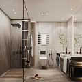 Modern Bathroom Interior With Glass Shower Wall Mounted Toilet Double Sink And Marble Walls