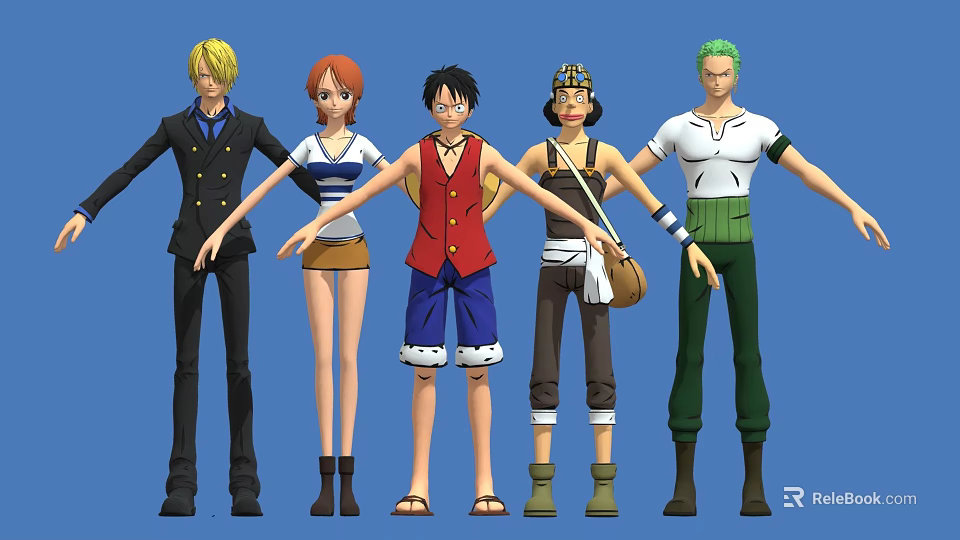 Five Anime Characters Standing Together With Different Outfits And Hairstyles 3d model 