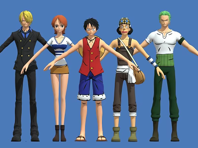 Five Anime Characters Standing Together With Different Outfits And Hairstyles 3d model