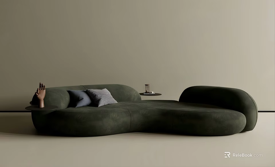 Unique Shape Green Velvet Sofa With Decorative Pillows And Side Table In Minimalist Interior 3d model 