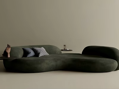 Unique Shape Green Velvet Sofa With Decorative Pillows And Side Table In Minimalist Interior 3d model
