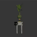 Light Colored Wooden Table With Drawers And Decorative Green Vase Holding Fern Plant