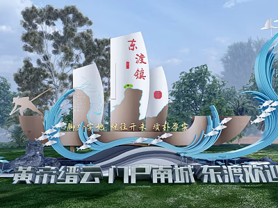 Sail Shaped Sculpture With Wave Design Green Trees And Flying Birds In Outdoor Landscape 3d model