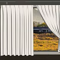 White Floor to Ceiling Curtains Partially Drawn With Green Grass Yellow Flowers And Countryside House