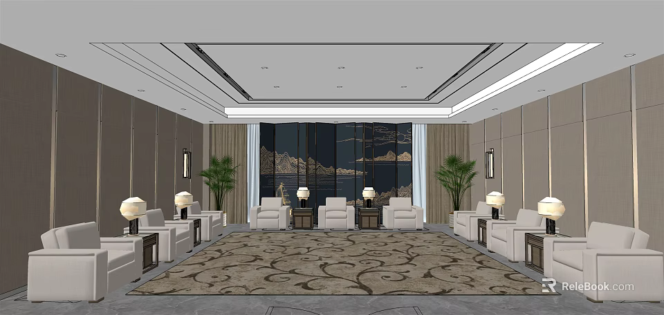 Elegant Hotel Public Lounge With Comfortable Sofas Coffee Tables And Mountain Views 3d model