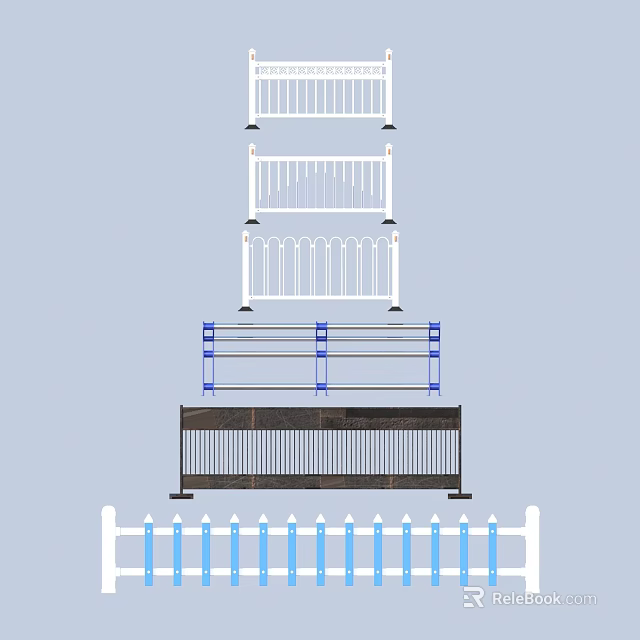 Various Fence Designs Featuring White Railings Blue Decor And Black Panels 3d model 