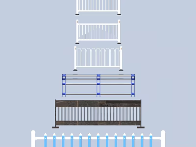 Various Fence Designs Featuring White Railings Blue Decor And Black Panels 3d model