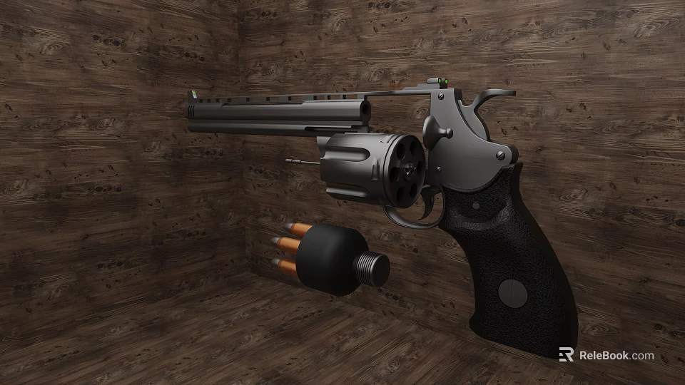 Detailed Classic Revolver With Black Grip Bullets And Wooden Background 3d model 