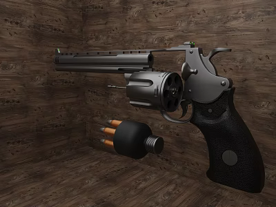 Detailed Classic Revolver With Black Grip Bullets And Wooden Background 3d model