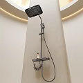 Modern Shower Head with Handheld Shower Coiled Hose and Shelf for Toiletries in Minimalist Bathroom