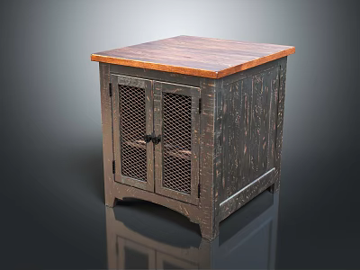 Vintage Wooden Entryway Side Cabinet With Mesh Doors And Solid Top 3d model
